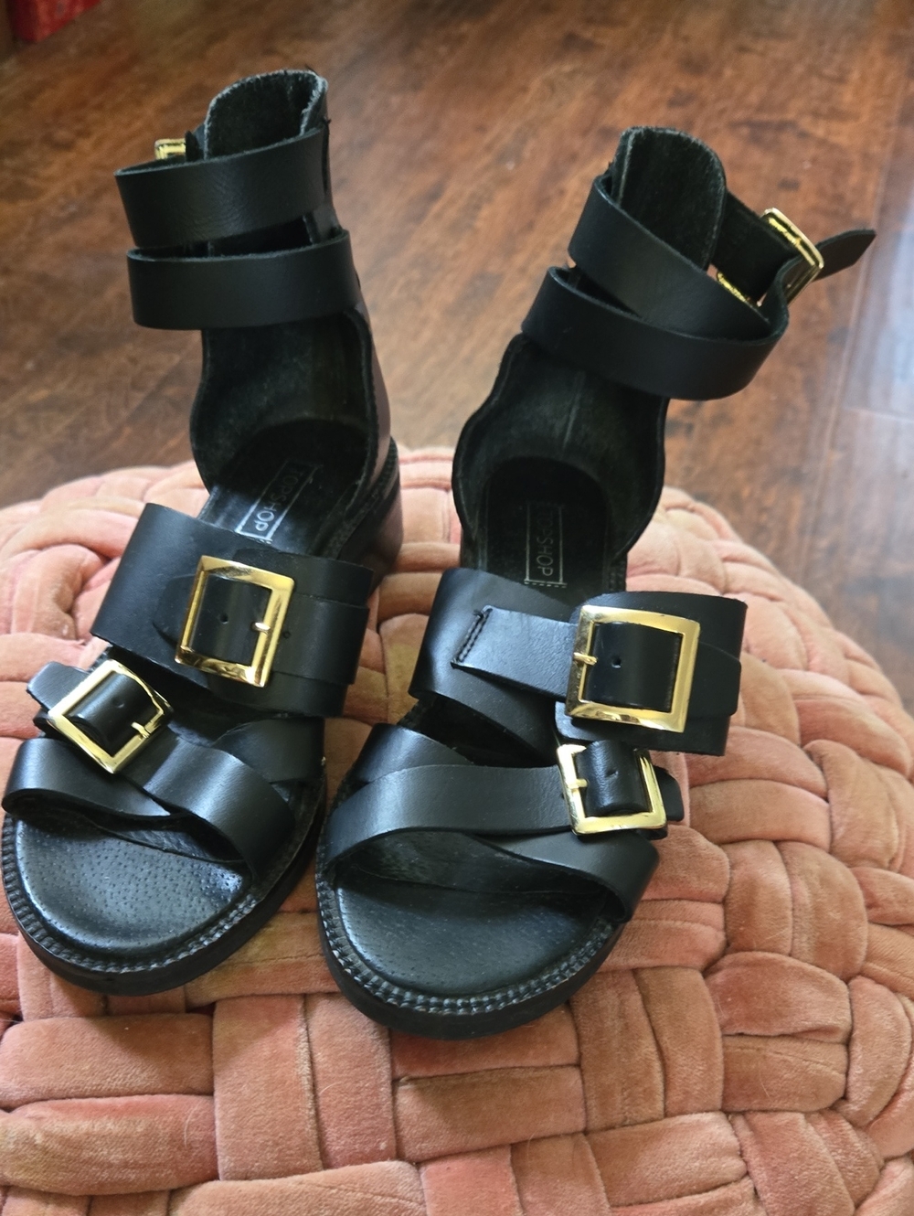 Topshop Black Leather Sandals with Gold Buckles